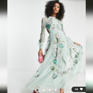 ASOS EDITION embroidered floral nouveau placement maxi dress in green sz 2 NWT
